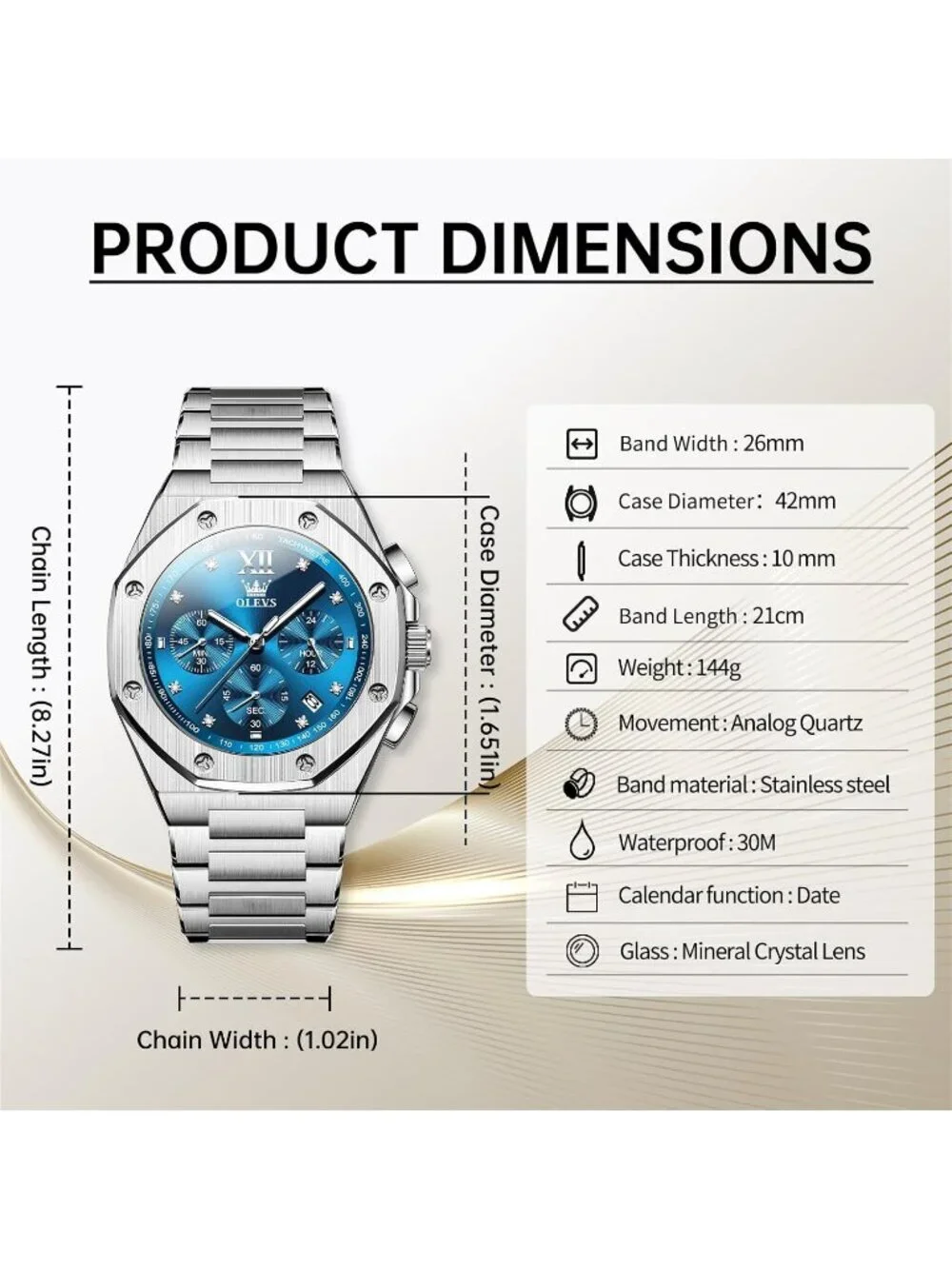 Men's Silver Blue Luxury Stainless Steel Octagon Analog Quartz Chronograph Watch